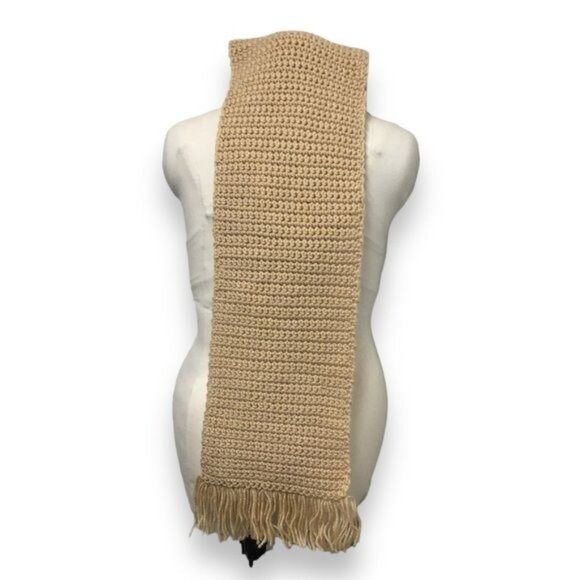 Handmade Unisex Knitted Long Scarf with Fringe, Khaki, OSFA - Picture 4 of 6